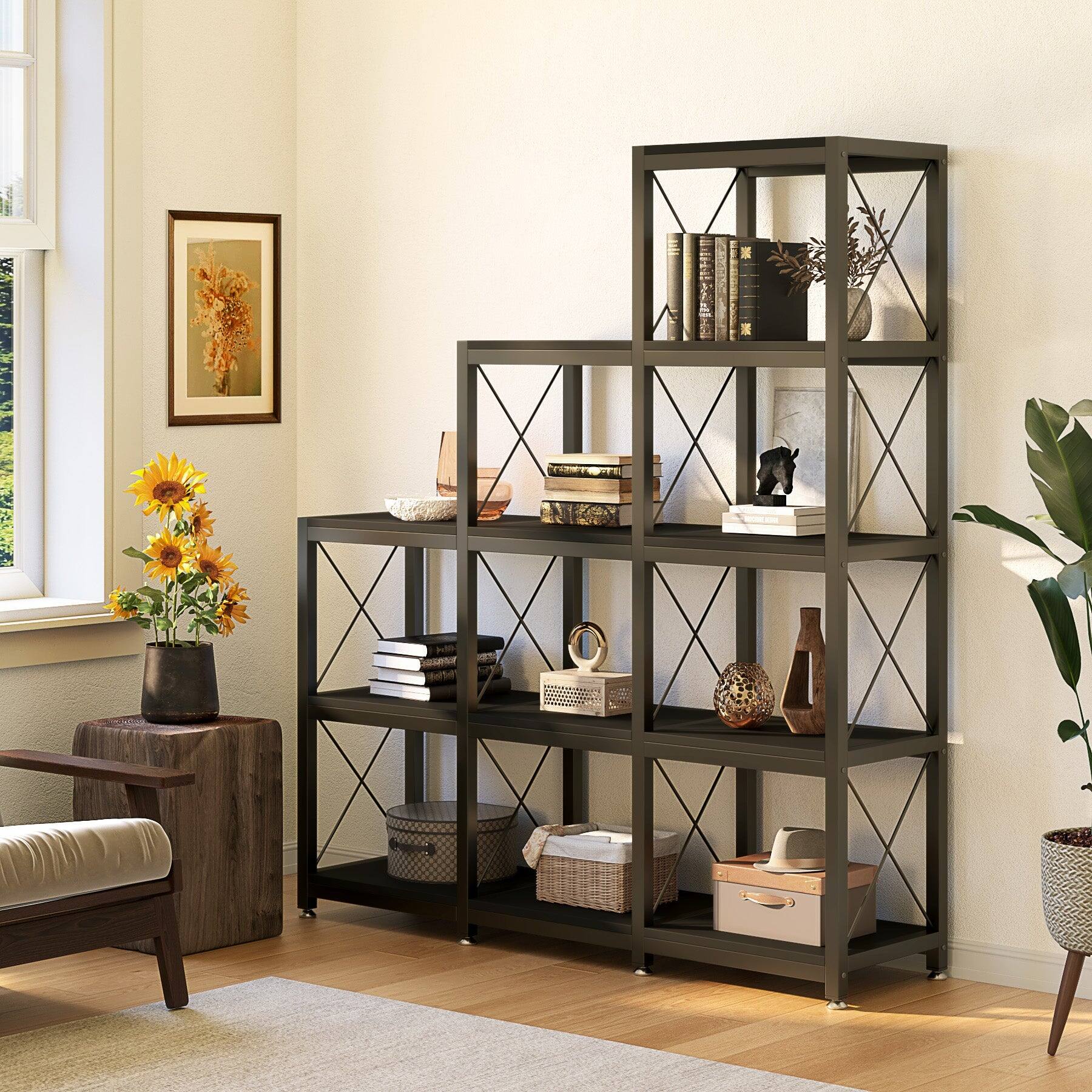 Tribesigns Industrial Bookshelf with Storage Shelves, Wood Grain Finish ...