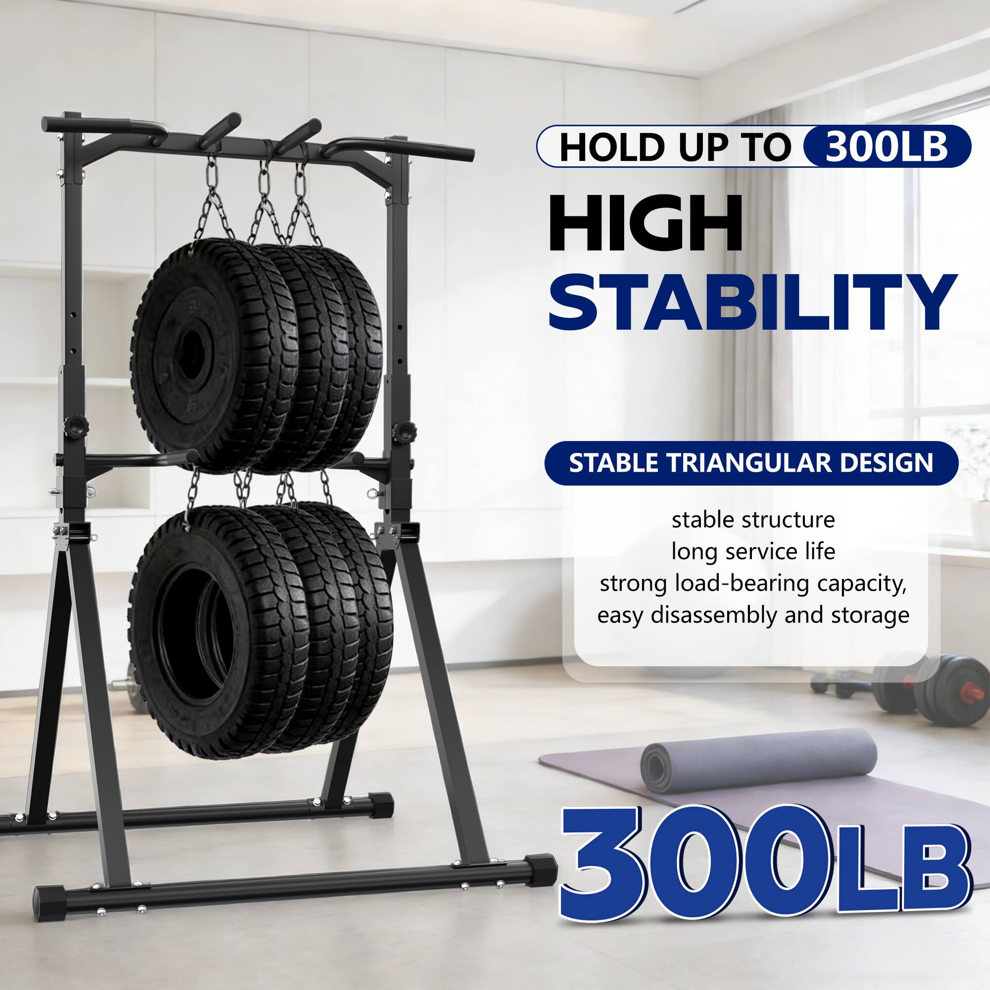 HOLD UP TO 300LB  
HIGH STABILITY  
STABLE TRIANGULAR DESIGN  
stable structure  
long service life  
strong load-bearing capacity,  
easy disassembly and storage  
300LB