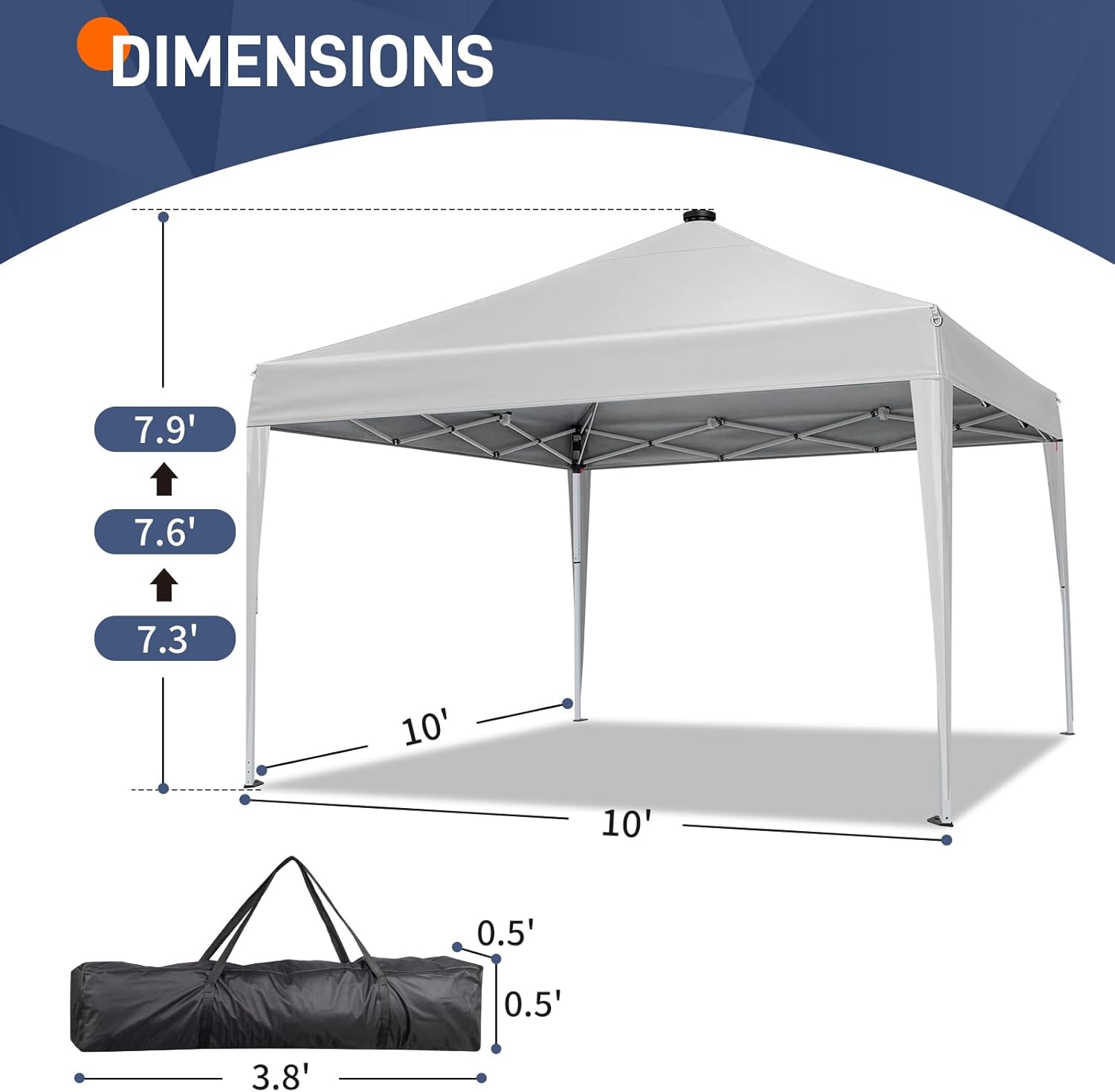 DIMENSIONS  
7.9'  
7.6'  
7.3'  
10'  
10'  
0.5'  
0.5'  
3.8'