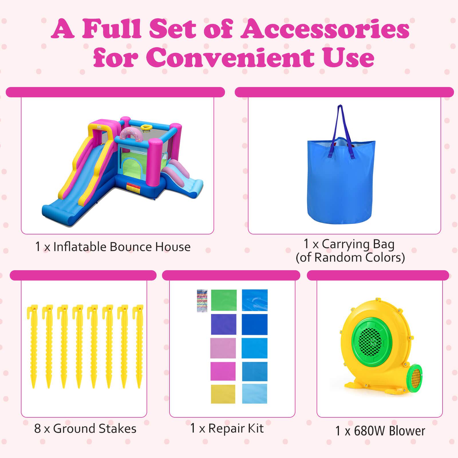 A Full Set of Accessories for Convenient Use

1 x Inflatable Bounce House  
1 x Carrying Bag (of Random Colors)  
8 x Ground Stakes  
1 x Repair Kit  
1 x 680W Blower