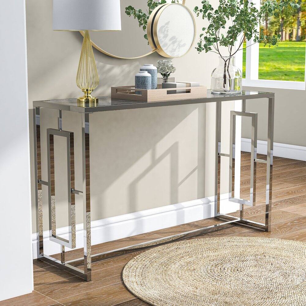 Alt View 3. Furniture of America - Harper Metal Chrome Sofa Table with Pattern Top in Chrome - Silver.