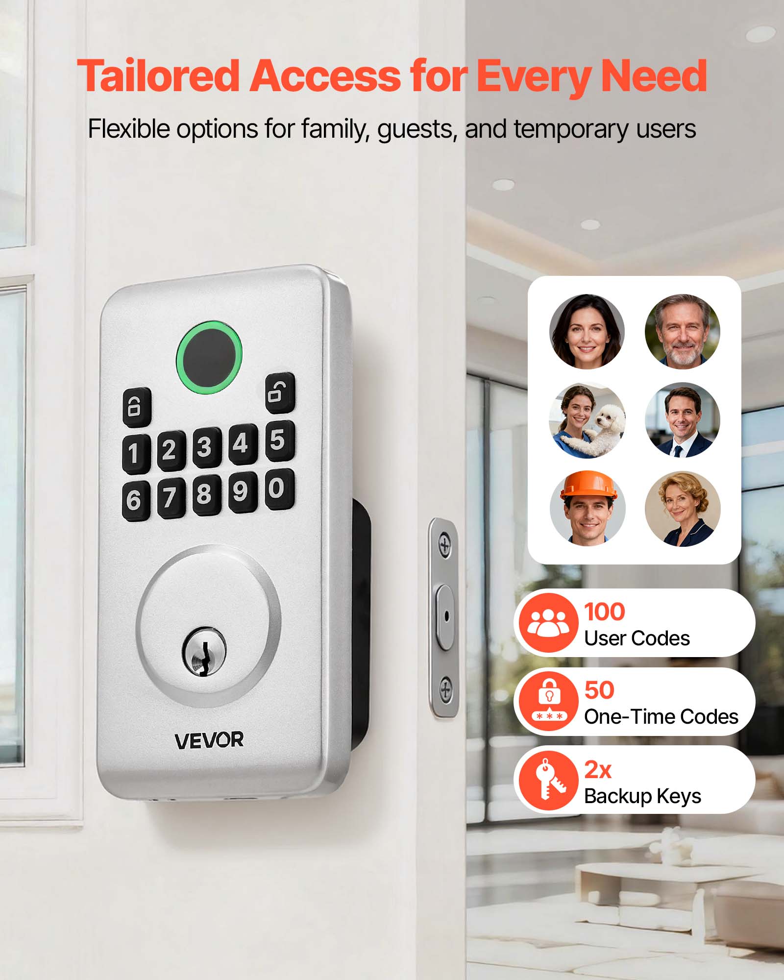 Tailored Access for Every Need  
Flexible options for family, guests, and temporary users  

100 User Codes  
50 One-Time Codes  
2x Backup Keys