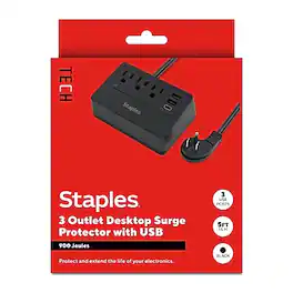 Staples TECH - 3-Outlet 3-USB Port Surge Protector, 5', 900 Joules - Black