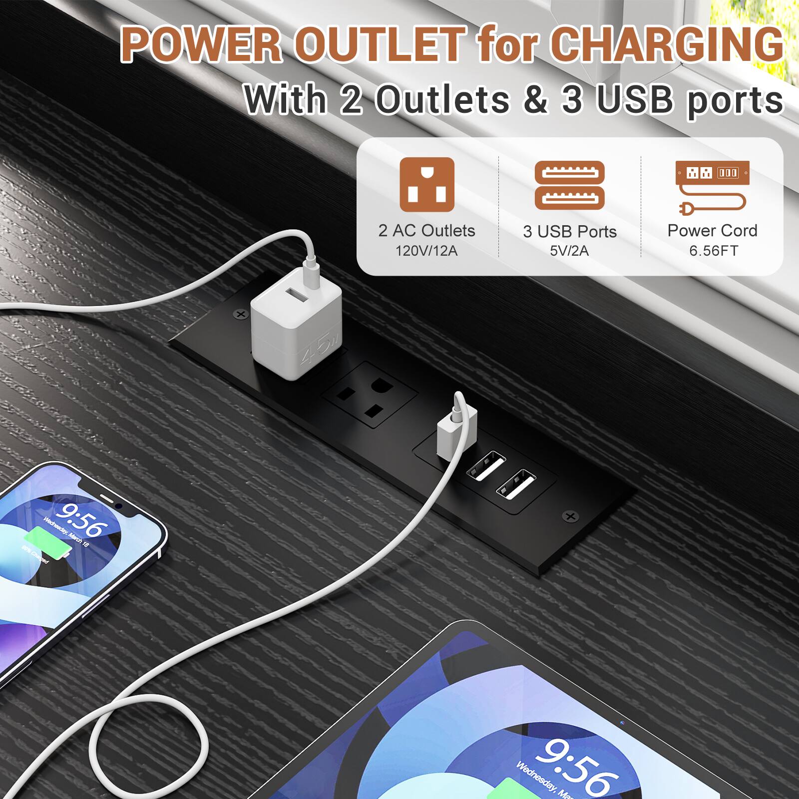 POWER OUTLET for CHARGING With 2 Outlets & 3 USB ports

2 AC Outlets 120V/12A
3 USB Ports 5V/2A
Power Cord 6.56FT

9:56
Wednesday, 9:56