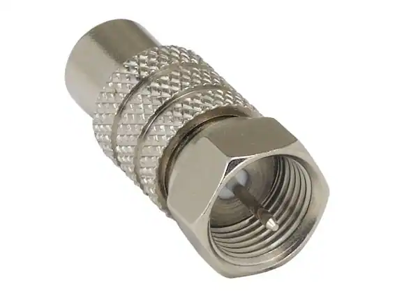 Front. Cable Leader - F-Type Male to RCA Female Adapter, 75-Ohm, RF Coaxial, Fully Molded - Silver.