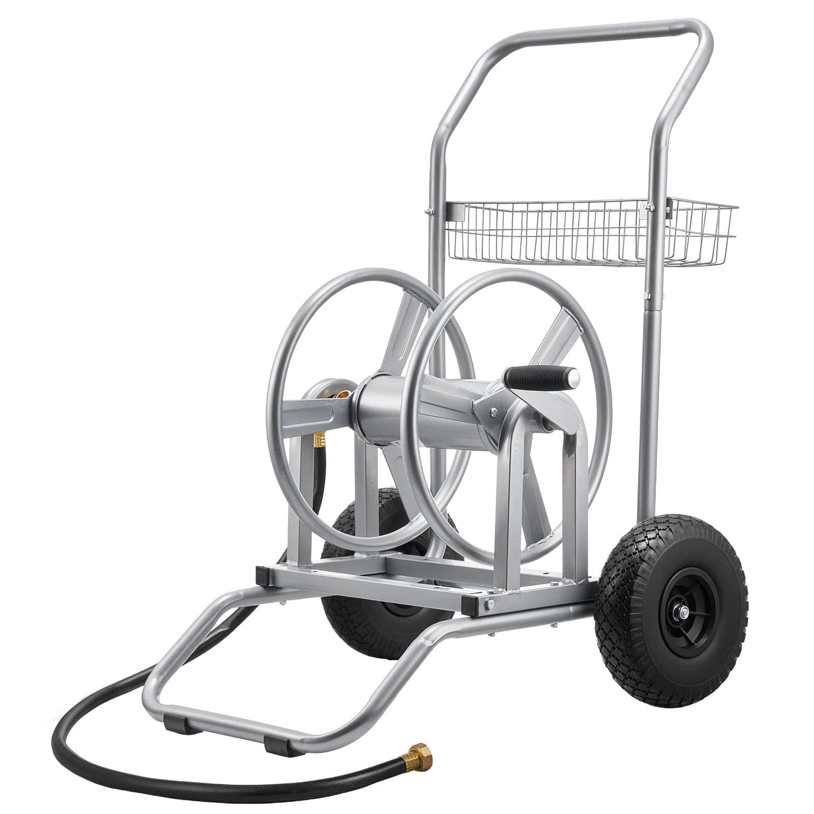 VEVOR - Water Hose Reel Cart, 200/300ft High-Pressure Garden Hose Cart, with Two Wheels, Handle & Heavy-Duty Mesh Storage Basket - Silver