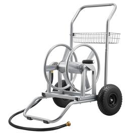 VEVOR - Water Hose Reel Cart, 200/300ft High-Pressure Garden Hose Cart, with Two Wheels, Handle & Heavy-Duty Mesh Storage Basket - Silver