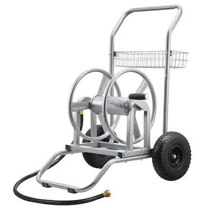 Front. VEVOR - Water Hose Reel Cart, 200/300ft High-Pressure Garden Hose Cart, with Two Wheels, Handle & Heavy-Duty Mesh Storage Basket - Silver.