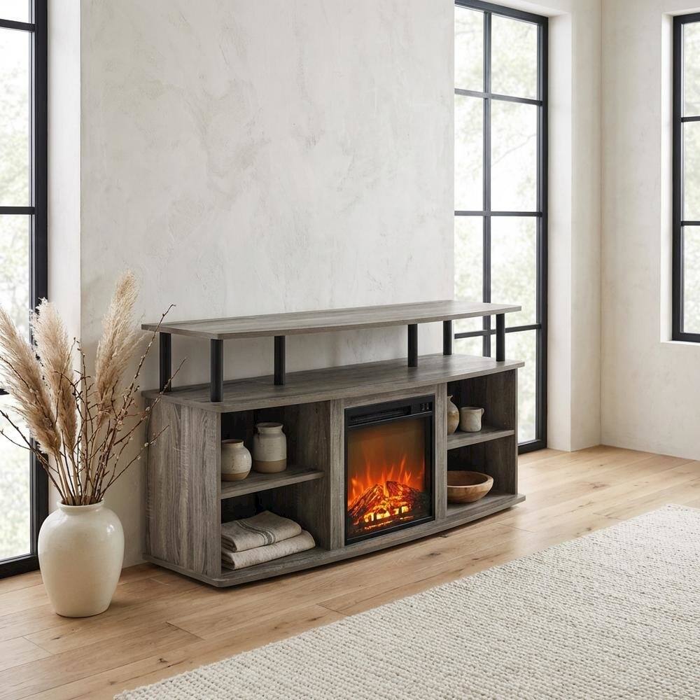 Alt View 2. FurniFact - Gray open shelving TV stand, 55-inch displays, solid rubberwood - Gray.