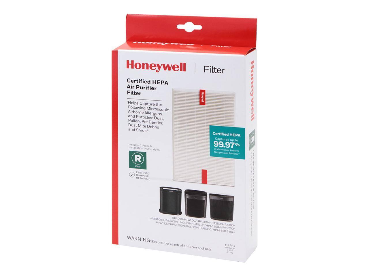 Honeywell | Filter  
Certified HEPA Air Purifier Filter  
Helps Capture the Following Airborne and Particles: Allergens, Pollen, Dust, Pet Dander, Dust Mite Debris, and Smoke.  
Captures up to 99.97% of Microscopic Airborne Allergens and Particles.  
Includes 1 Filter & Installation Instructions.  
Certified HEPA Filter.  
WARNING: Keep out of reach of children and pets.  

HPA3100/HPA300/HPA250/HPA200/HPA100/HPA520/HPA525/HPA530/HPA535 Series