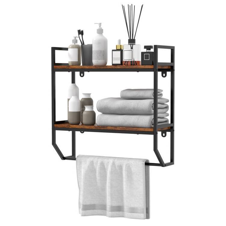 Front. Hivvago - Wall Mounted Over Toilet 2-Shelf Bathroom Shelving Unit with Towel Bar - Brown.