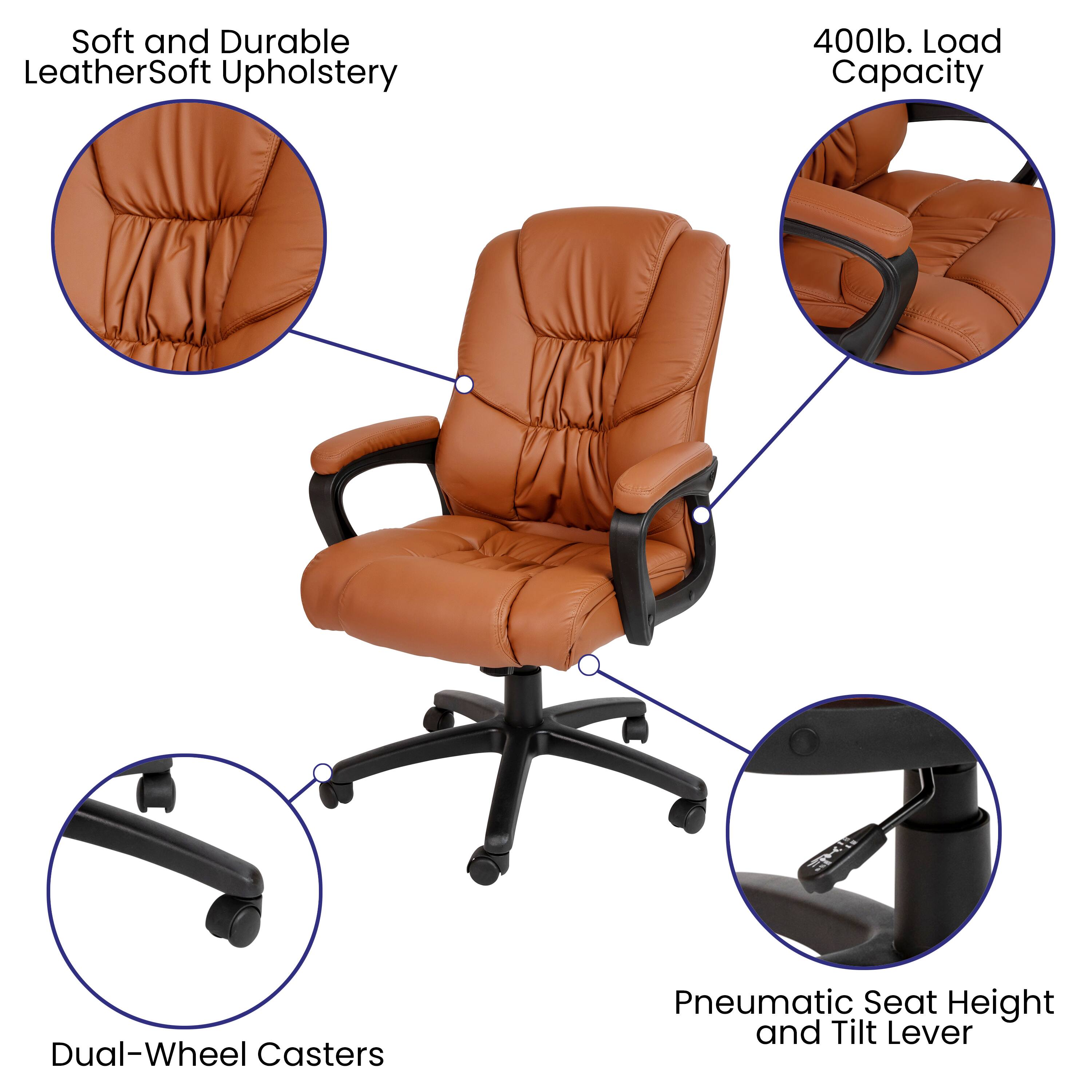Soft and Durable Leather Soft Upholstery  
400lb. Load Capacity  
Dual-Wheel Casters  
Pneumatic Seat Height and Tilt Lever