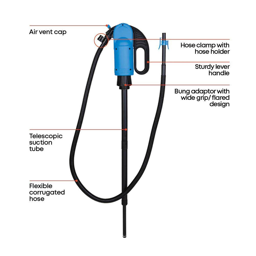 - Air vent cap
- Hose clamp with hose holder
- Sturdy lever handle
- Bung adaptor with wide grip/flared design
- Telescopic suction tube
- Flexible corrugated hose