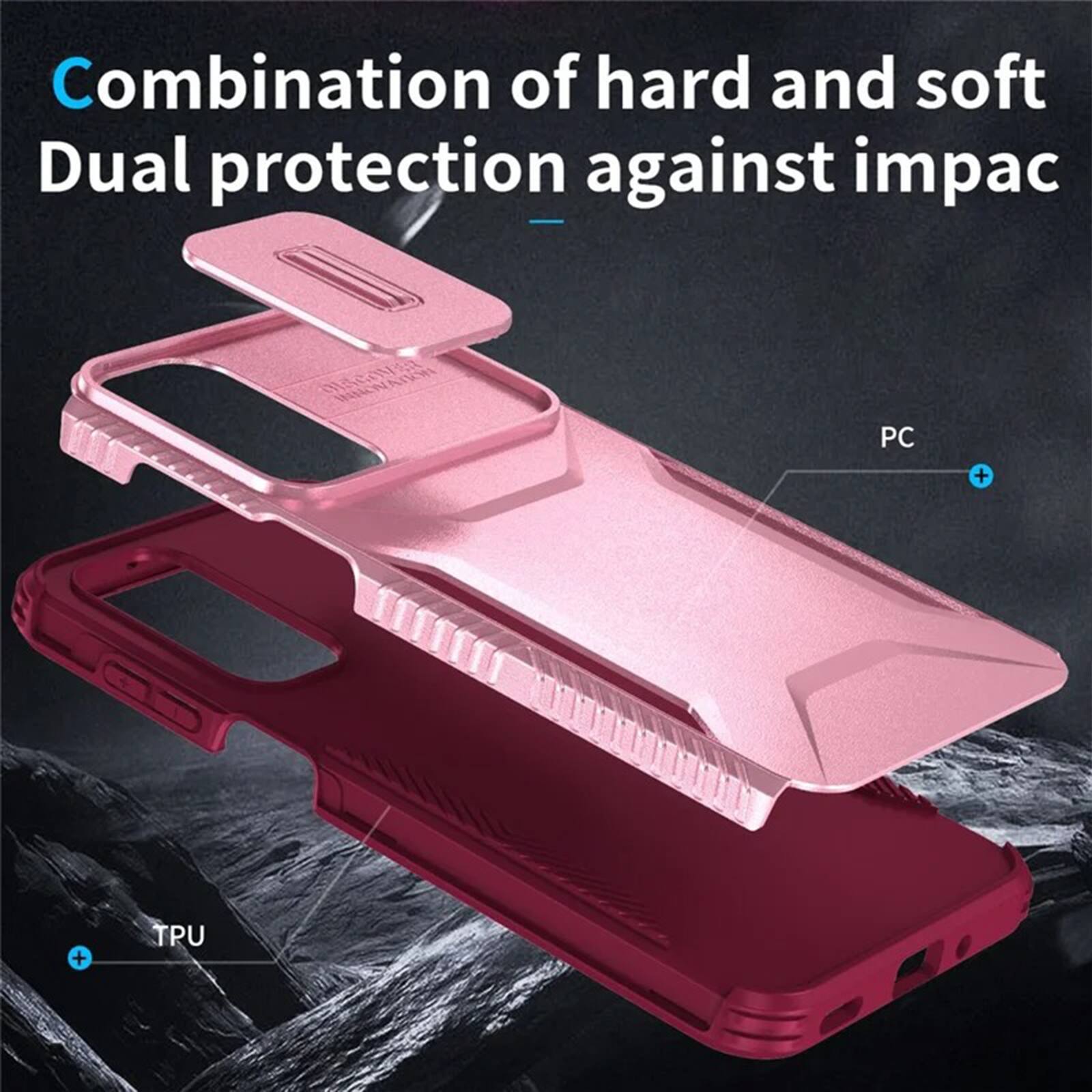 Combination of hard and soft  
Dual protection against impact

PC  
TPU