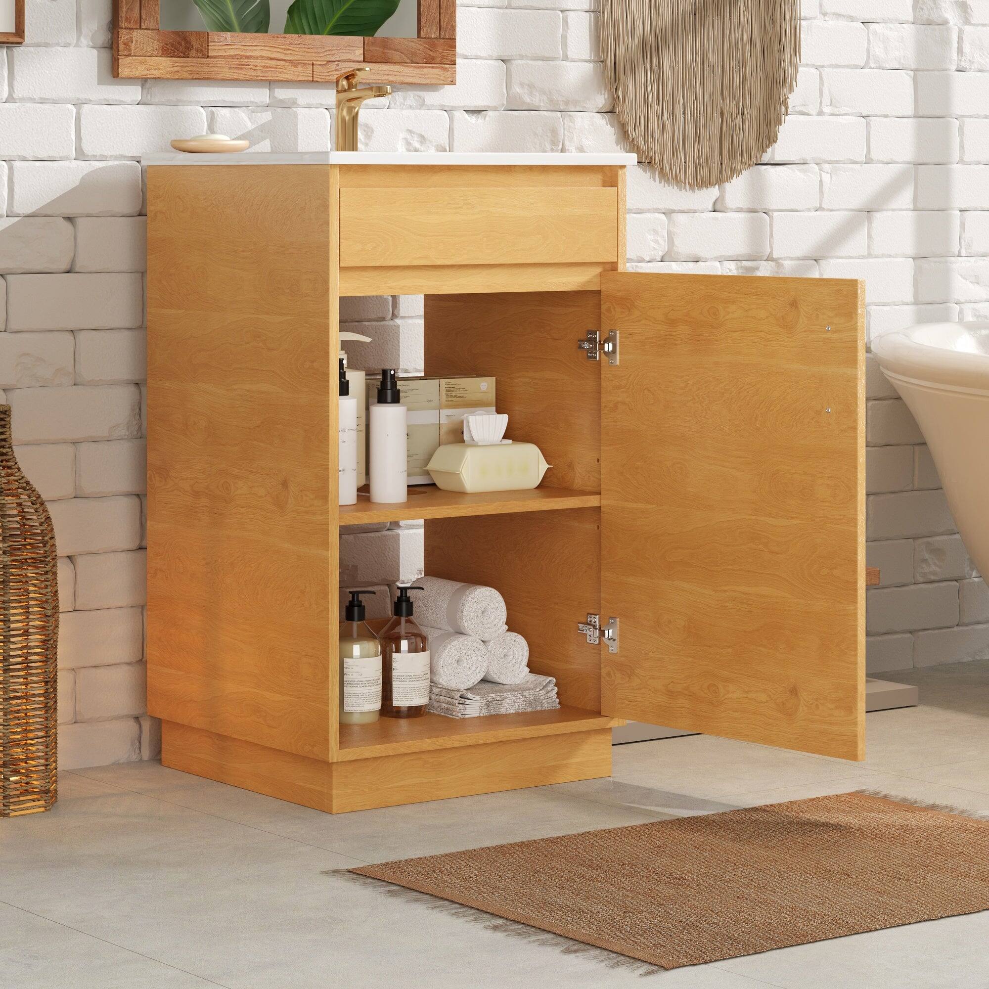 Alt View 2. Boyel Living - 20 Inch Farmhouse Style Bathroom Vanity with Ceramic Sink and Single Door Cabinet Natural Wood - Brown.