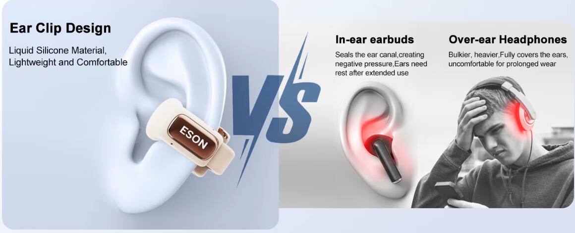 Ear Clip Design  
Liquid Silicone Material, Lightweight and Comfortable  

In-ear earbuds  
Seals the ear canal, creating negative pressure, Ears need rest after extended use  

Over-ear Headphones  
Bulkier, heavier, Fully covers the ears, uncomfortable for prolonged wear