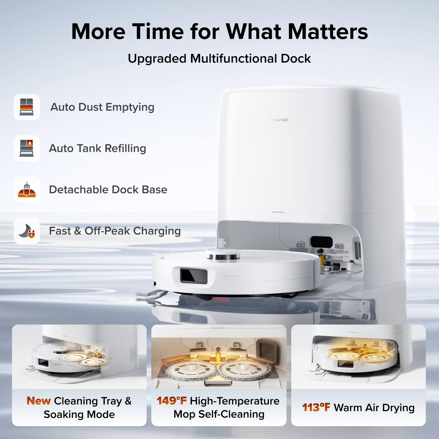 More Time for What Matters  
Upgraded Multifunctional Dock  
Auto Dust Emptying  
Auto Tank Refilling  
Detachable Dock Base  
Fast & Off-Peak Charging  

New Cleaning Tray & Soaking Mode  
149°F High-Temperature Mop Self-Cleaning  
113°F Warm Air Drying