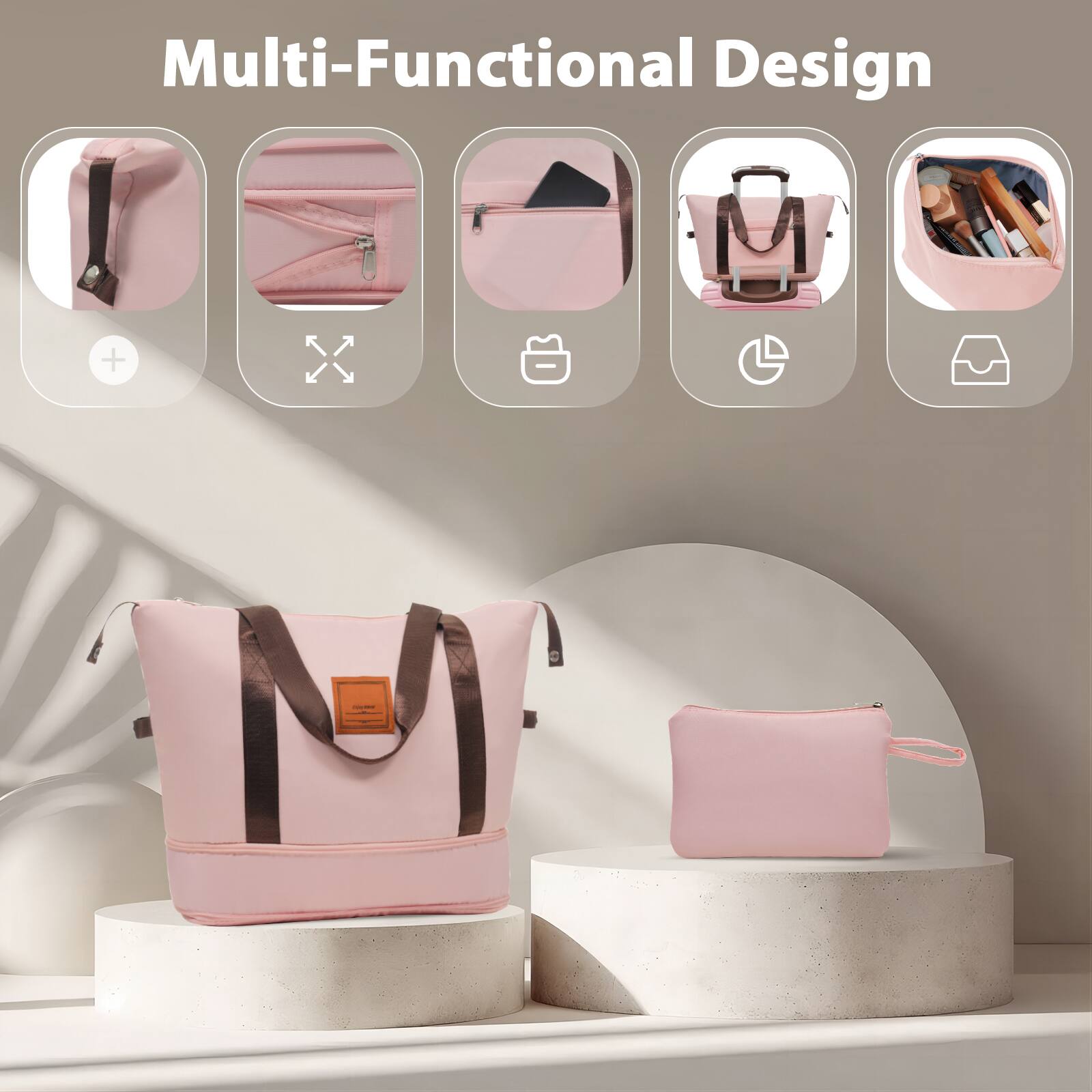 Multi-Functional Design

- Expandable
- Adjustable straps
- Pockets
- Backpack style
- Cosmetic bag