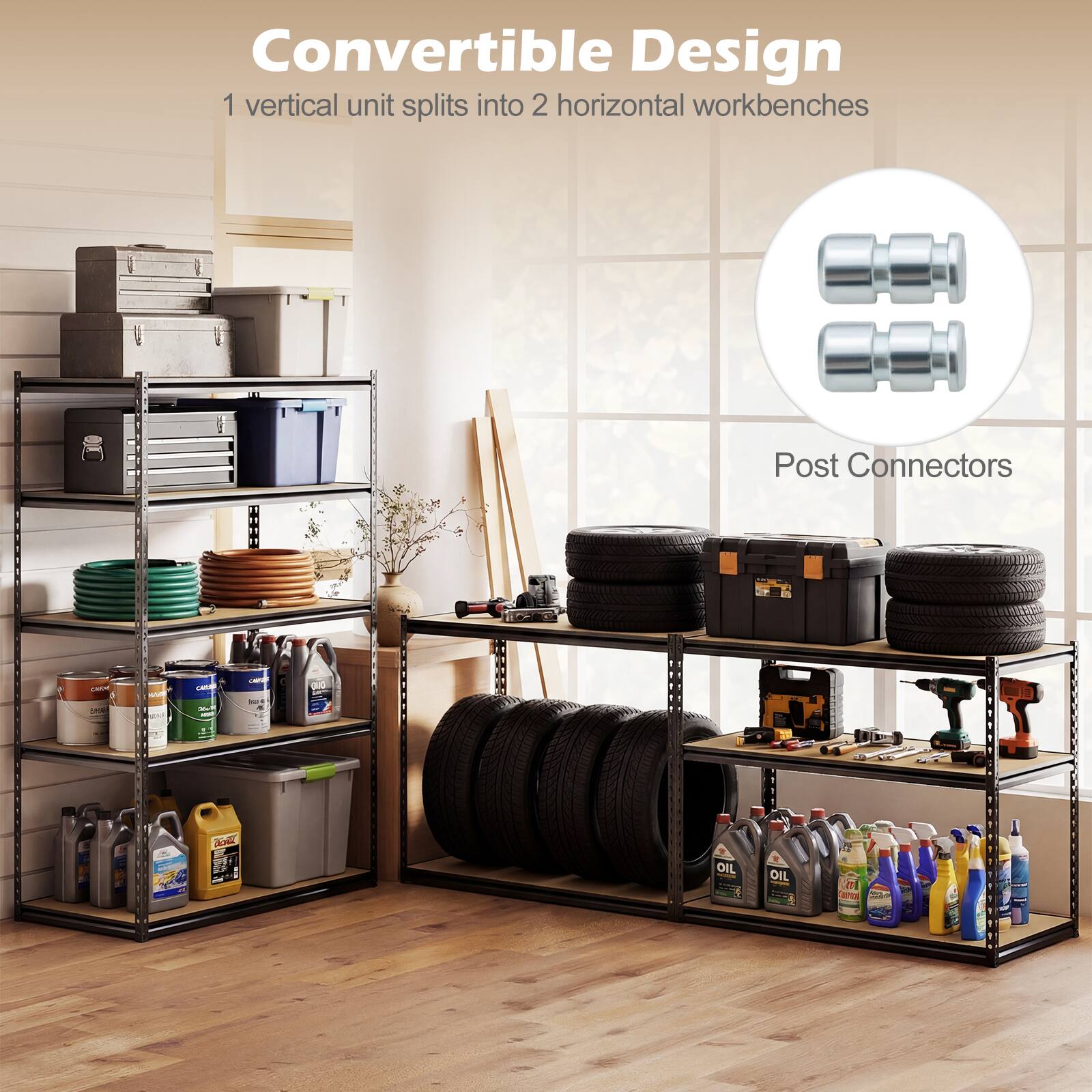 Convertible Design  
1 vertical unit splits into 2 horizontal workbenches  

Post Connectors