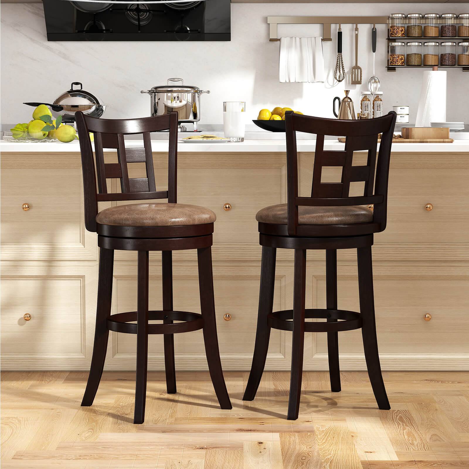 Alt View 3. Costway - Costway Set of 2 Bar Stools 30" Swivel Bar Chairs with Footrest, Lattice Backrest - Coffee & Brown.