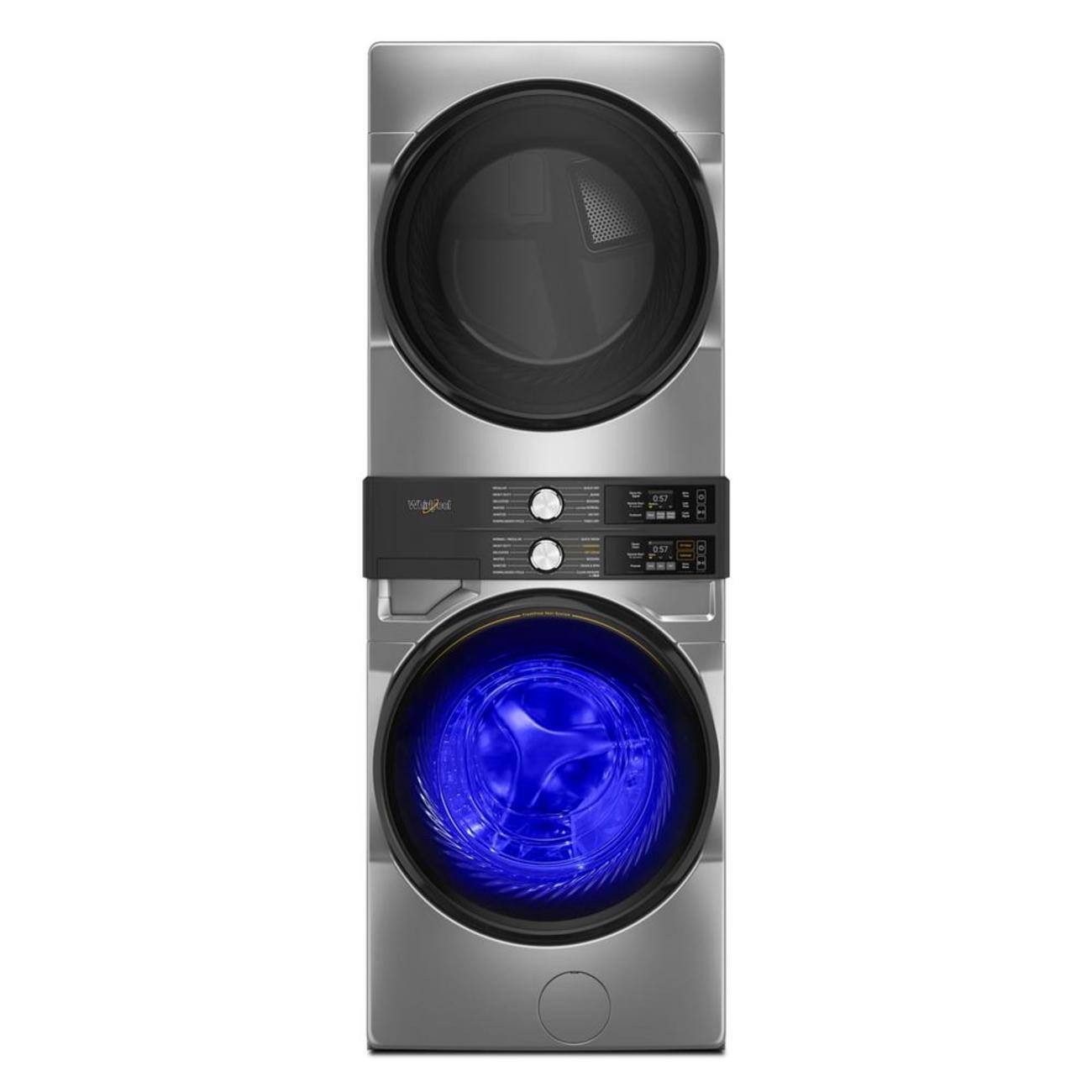 Front. Whirlpool - Smart Front Load Laundry Tower 4.5 Cu. Ft. Washer and 7.4 Cu. Ft. Electric Dryer with UV Clean Technology - Radiant Silver.