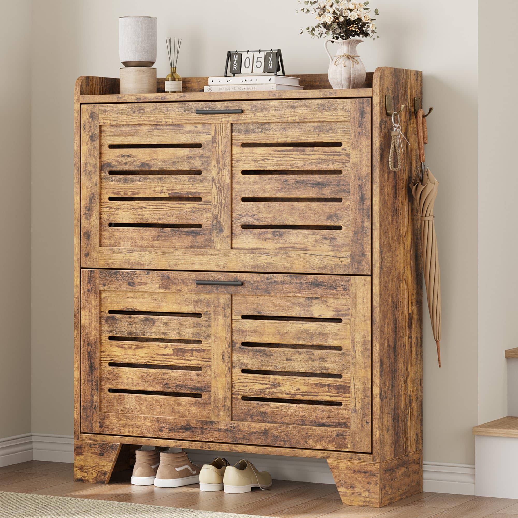 Jojoka - Shoe Cabinet with 2 Flip Drawers, Freestanding Shoe Cabinet Organizer with Metal Legs, Farmhouse Shoes Storage Cabinet - Brown