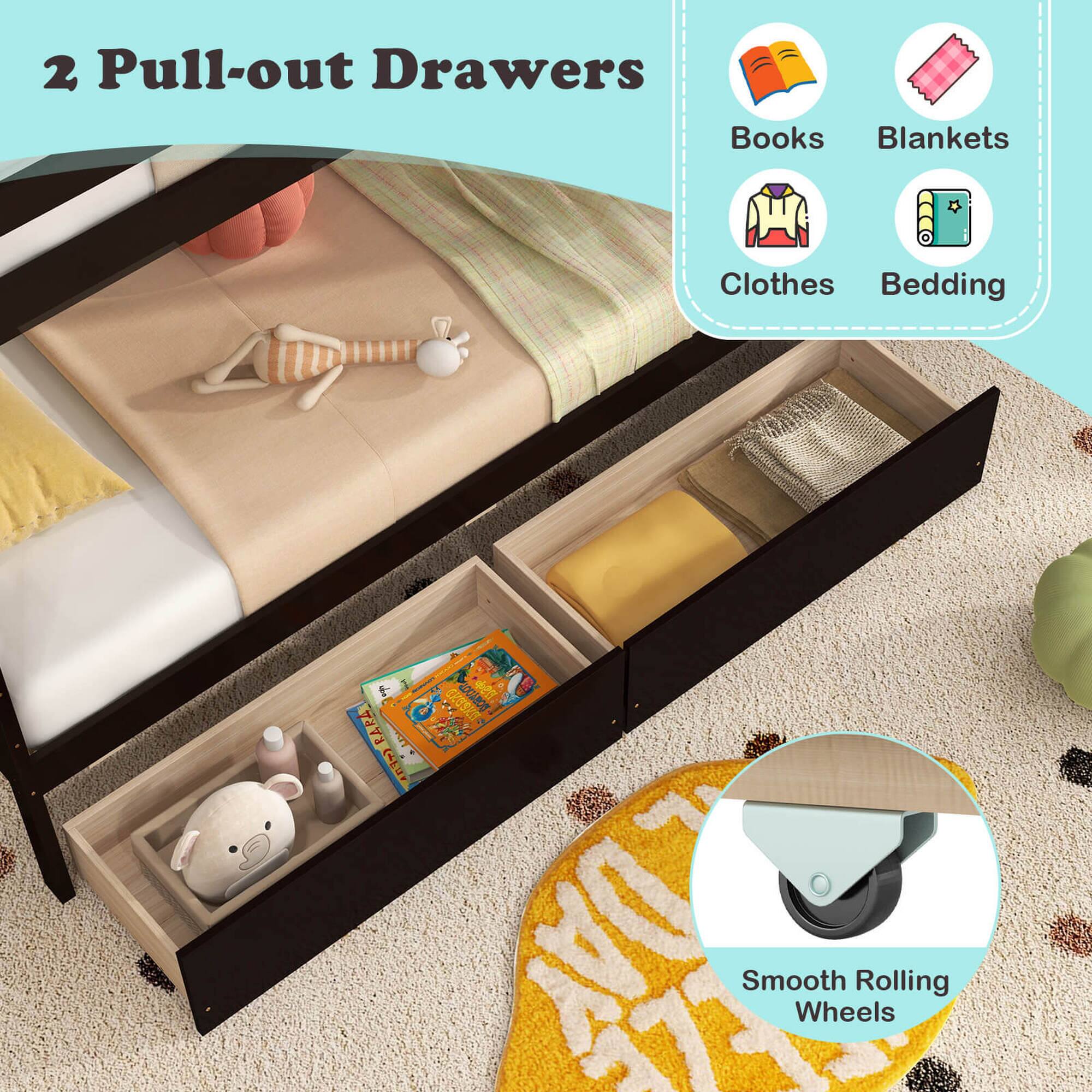 2 Pull-out Drawers: Books, Blankets, Clothes, Bedding.