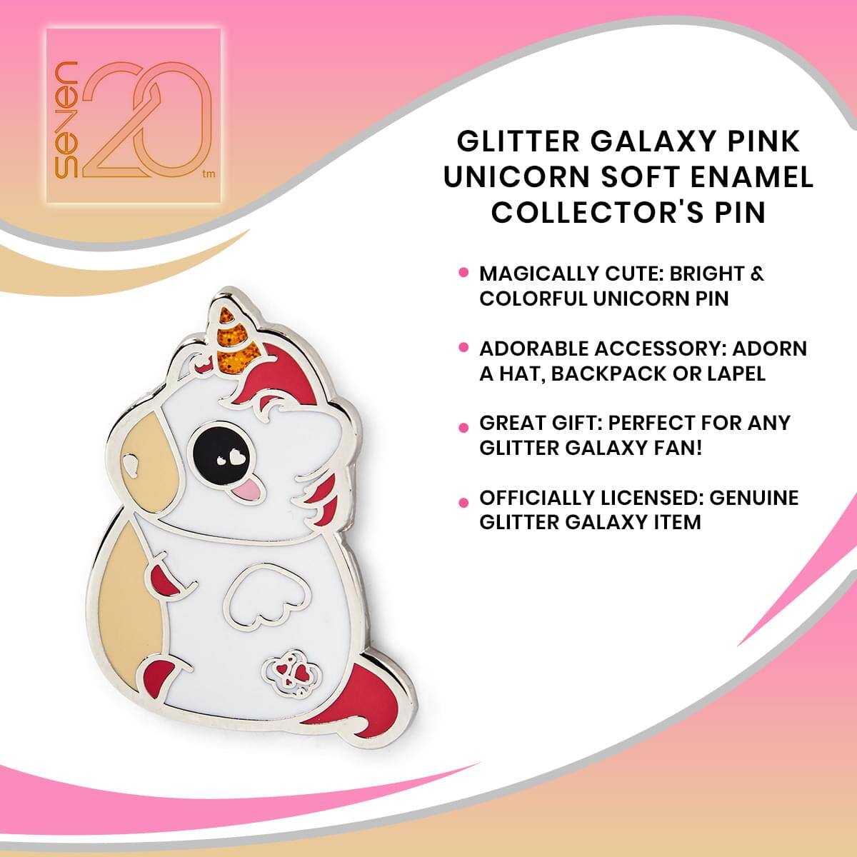 seven 20™ GLITTER GALAXY PINK UNICORN SOFT ENAMEL COLLECTOR'S PIN  
MAGICALLY CUTE: BRIGHT & COLORFUL UNICORN PIN  
ADORABLE ACCESSORY: ADORN A HAT, BACKPACK OR LAPEL  
GREAT GIFT: PERFECT FOR ANY GLITTER GALAXY FAN!  
OFFICIALLY LICENSED: GENUINE GLITTER GALAXY ITEM