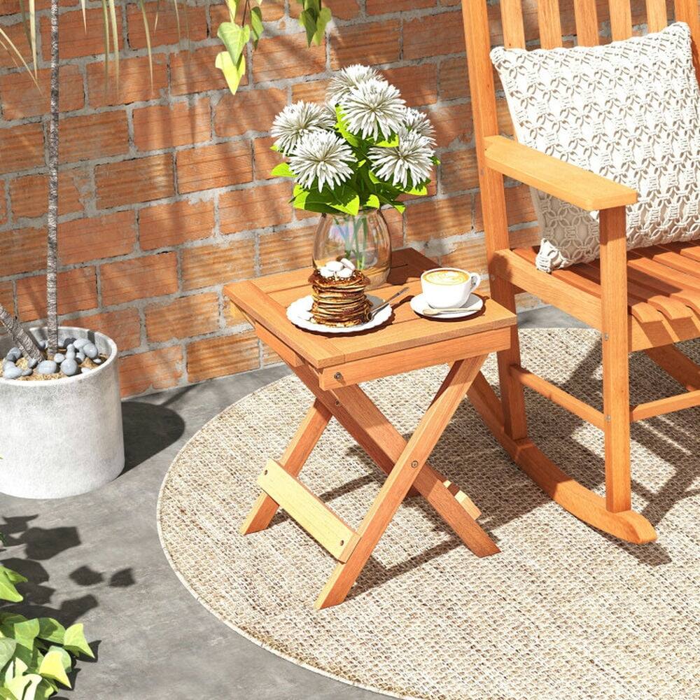 Alt View 1. Pefilos - 14 Inch Compact Folding Side Table with Stable Triangular Structure, Foldable Side Table with Slatted Tabletop, Table - Brown.