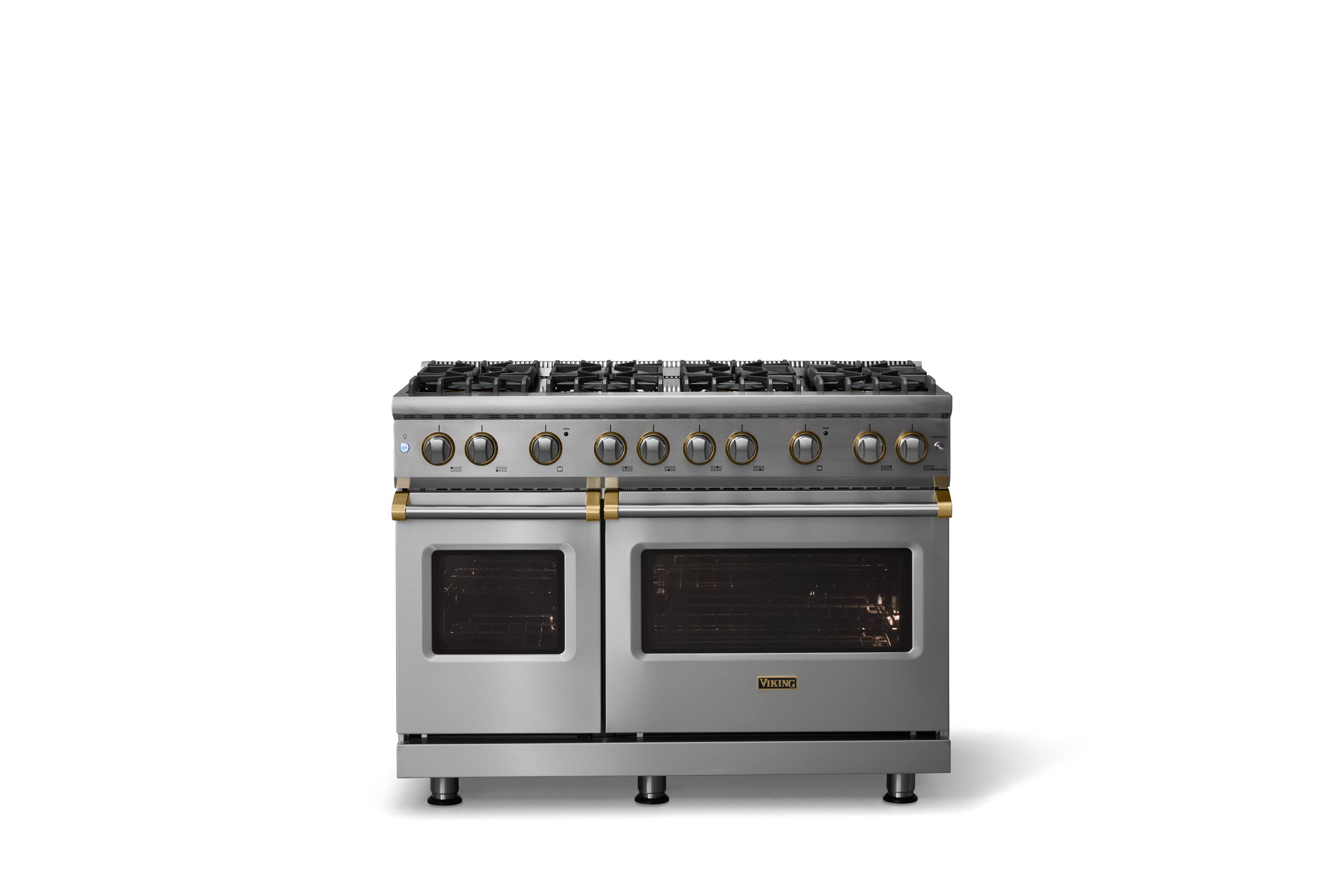 Alt View 1. Viking - 48"W. 6.1 Cu.Ft. Freestanding Manual Clean Sealed 8B LP Gas Convection Range/Double Oven-Stainless Steel/Brushed Brass - Stainless Steel.