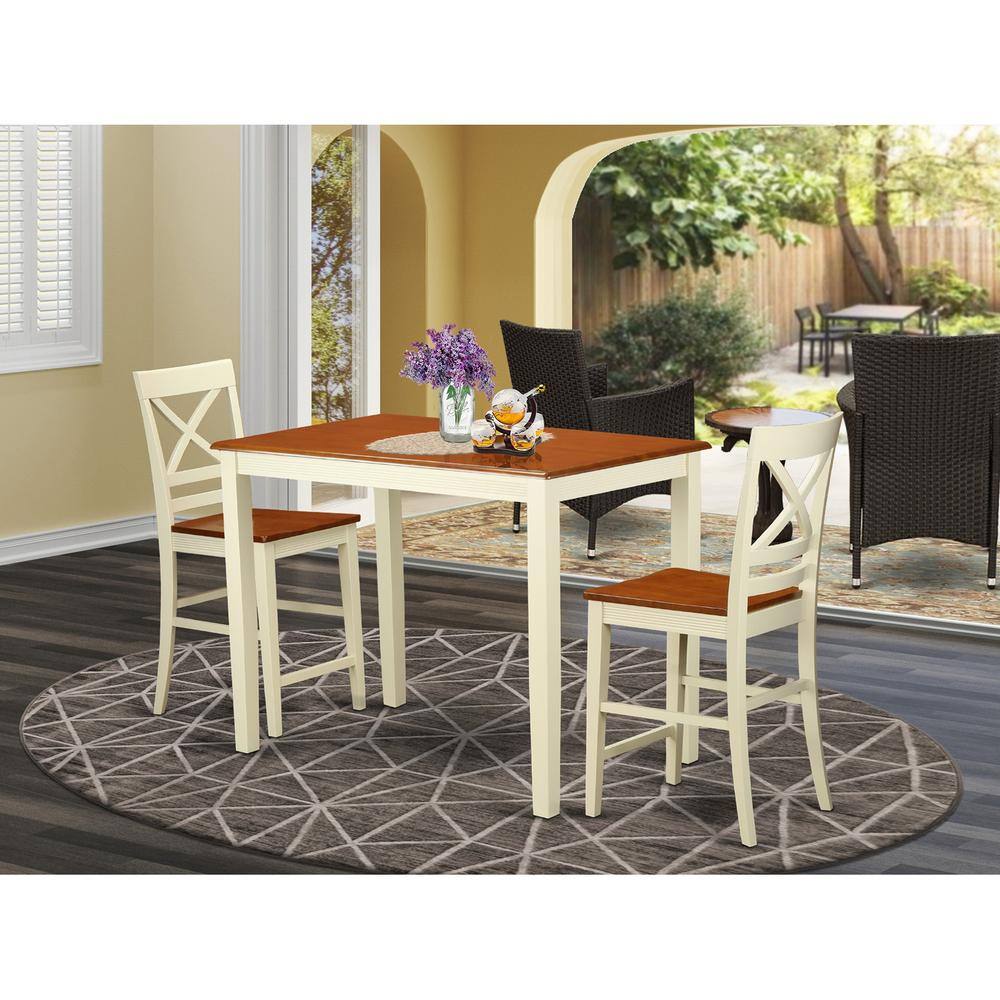 Back. East West Furniture - 3 Pc counter height pub set-pub Table and 2 counter height Chairs - Buttermilk & Cherry.