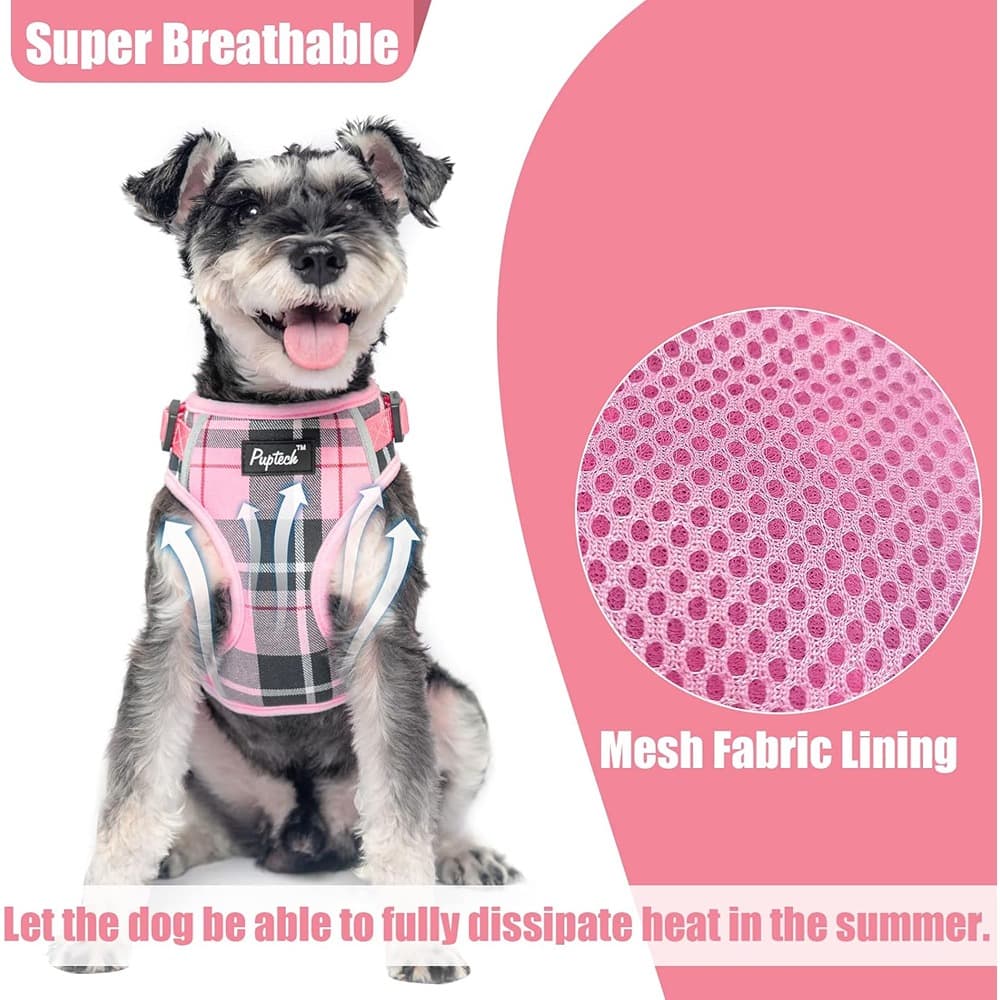 MOSZAR LLC - Dog Harness & Leash Set, No Pull, Adjustable, Reflective, Soft Mesh Padded Plaid, XS for Small/Medium Dogs & Cats - Pink