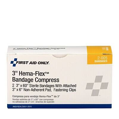 **Bandago Compresa FIRST AID ONLY**

**2-005 BANDAGES**

**3" Hema-Flex™ Bandage Compress**

- 2.3" x 60" Sterile Bandages With Attached 3" x 6" Non-Adherent Pad, Fastening Clips

**Compressa para vendaje Hema-Flex de 3"**

- Vendas estériles de 3 x 60" con compresas no adhesivas de 3" x 6", broches de sujeción

**ANSUISEA 2308 1-2015**