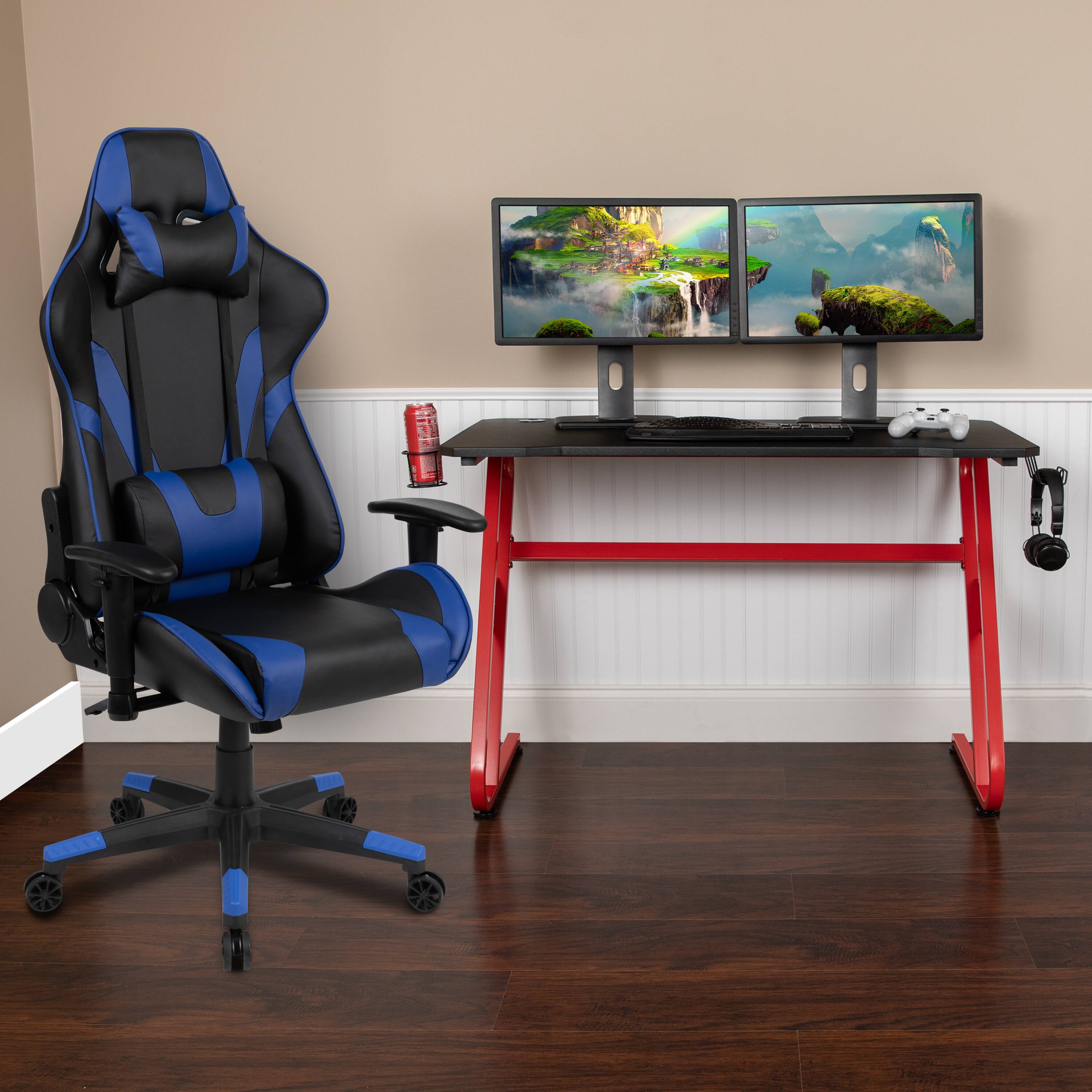 Alt View 1. Emma + Oliver - Desk Bundle-Gaming Desk, Cup Holder, Headphone Hook and Reclining Chair - Blue.