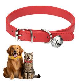 Unique Bargains - Dog Collar with Bell, Pu Leather Cat Collars Pet Basic Soft Padded Adjustable Buckle, 1 Pc, for Small Animals - Red