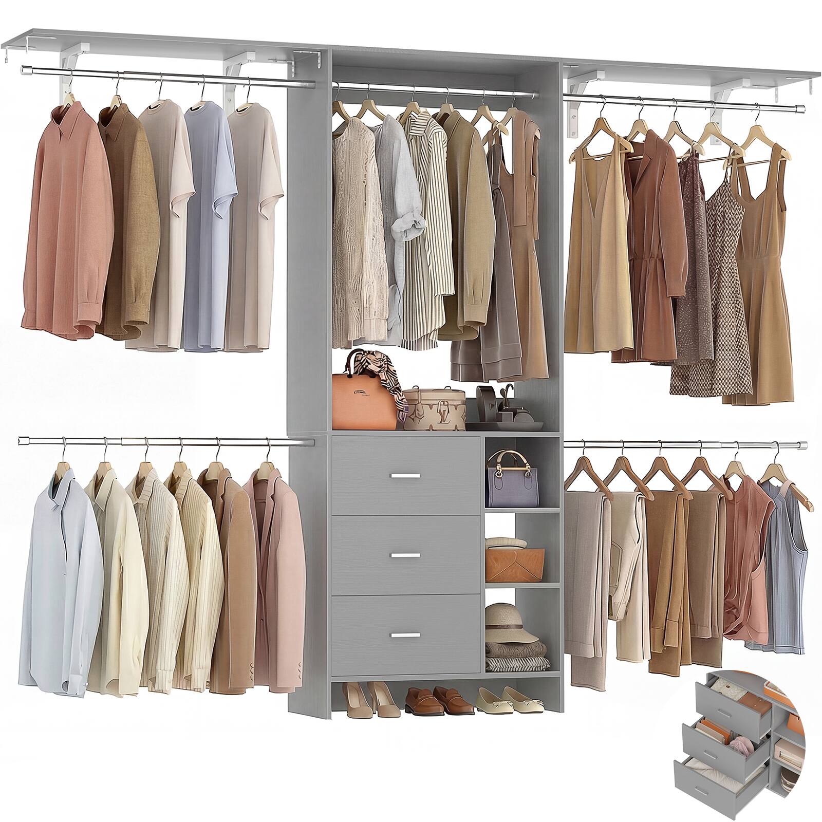 Angle. Aheaplus - 96" Freestanding Closet Organizer: 3 Wood Drawers, Hanging Rods & Shelves. Adjustable (5.3-9ft) - Gray.