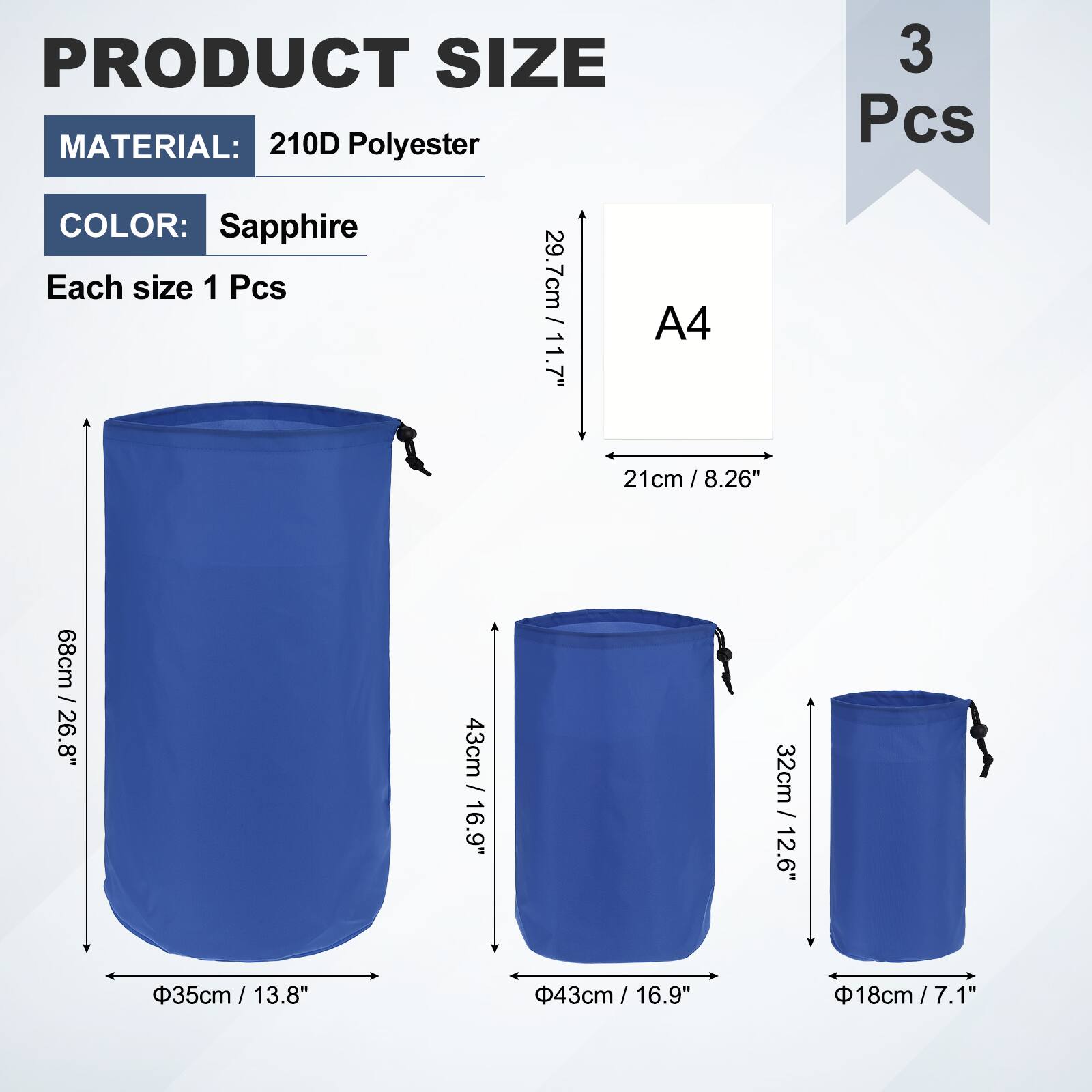 PRODUCT SIZE  
MATERIAL: 210D Polyester  
COLOR: Sapphire  
Each size 1 Pcs  

A4  
29.7cm / 11.7"  
21cm / 8.26"  

68cm / 26.8"  
Ø35cm / 13.8"  

43cm / 16.9"  
Ø43cm / 16.9"  

32cm / 12.6"  
Ø18cm / 7.1"  

3 Pcs