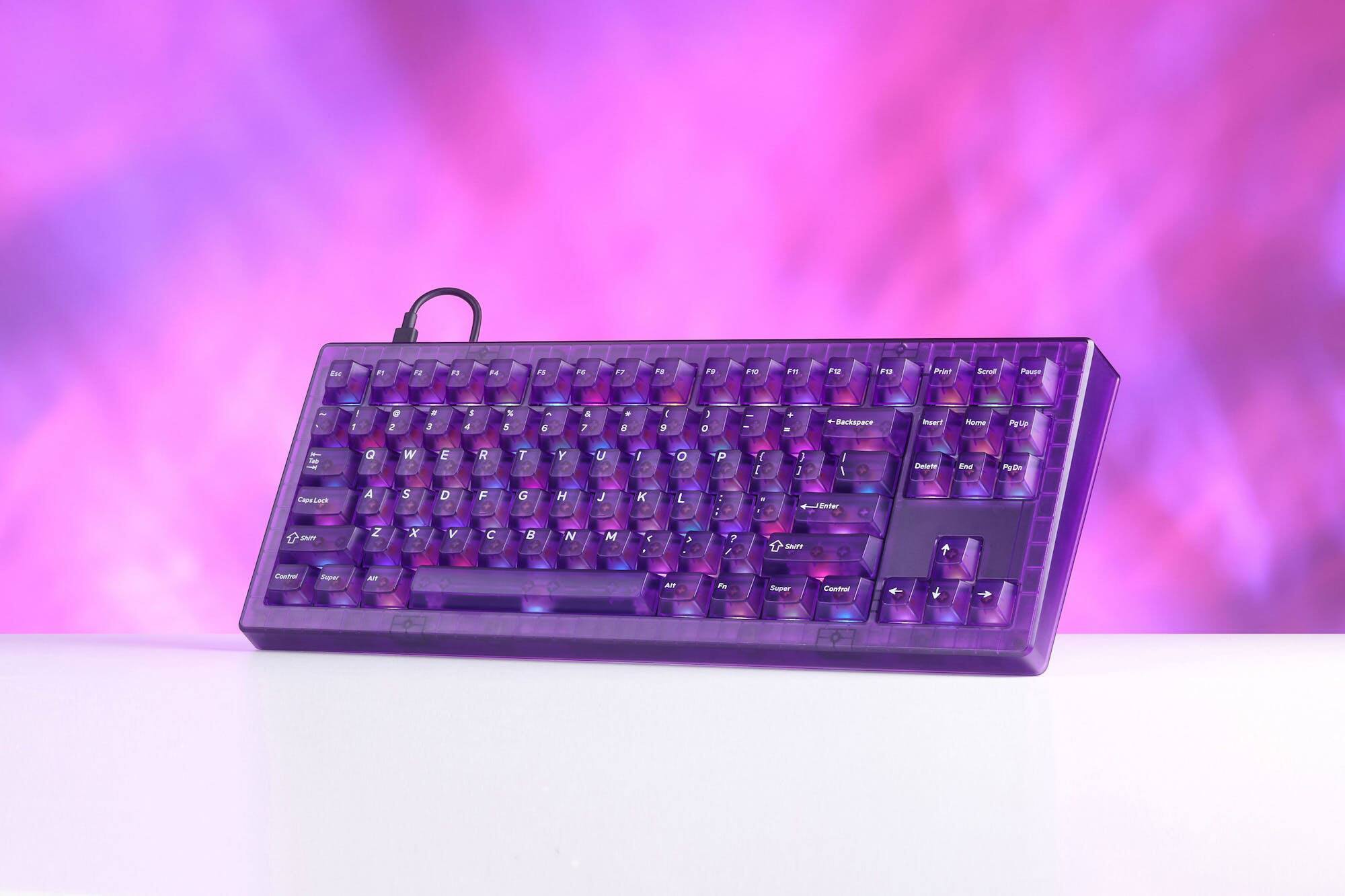 Sure, here is the corrected and grouped text from the image:

**Top Row:**
- F1 F2 F3 F4 F5 F6 F7 F8 F9 F10 F11 F12 Print Scroll Pause

**Number Row:**
- 1 2 3 4 5 6 7 8 9 0 - = Backspace

**Second Row:**
- Insert Home PgUp

**Third Row:**
- Q W E R T Y U I O P [ ] \

**Fourth Row:**
- A S D F G H J K L ; '

**Fifth Row:**
- Z X C V B N M , . / Shift

**Function Row:**
- Esc 1 2 3 4 5 6 7 8 9 0 - + Backspace

**Bottom Row:**
- Delete End PgDn

**Special Keys:**
- Caps Lock Shift Control Alt Super

**Additional Keys:**
- Fn Ctrl Super Alt