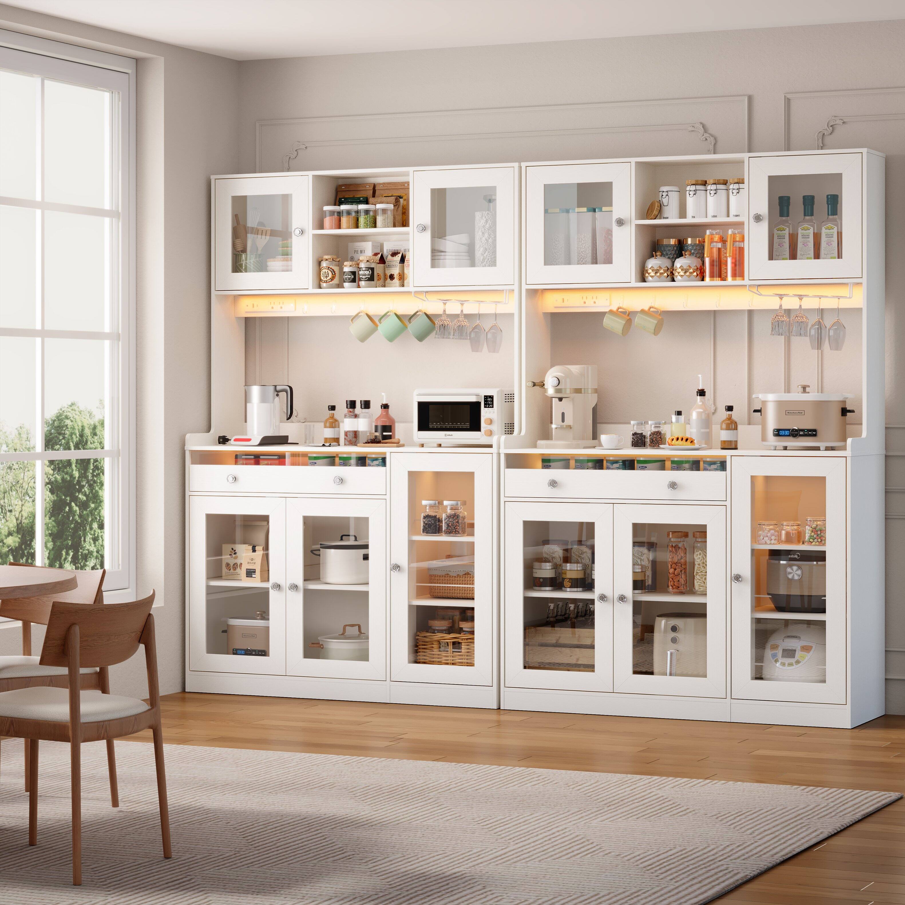 Alt View 6. Furnulem - 71 In Kitchen Pantry Cabinet with Charging Station and LED Lights Tall Freestanding Hutch with Microwave Stand - White.