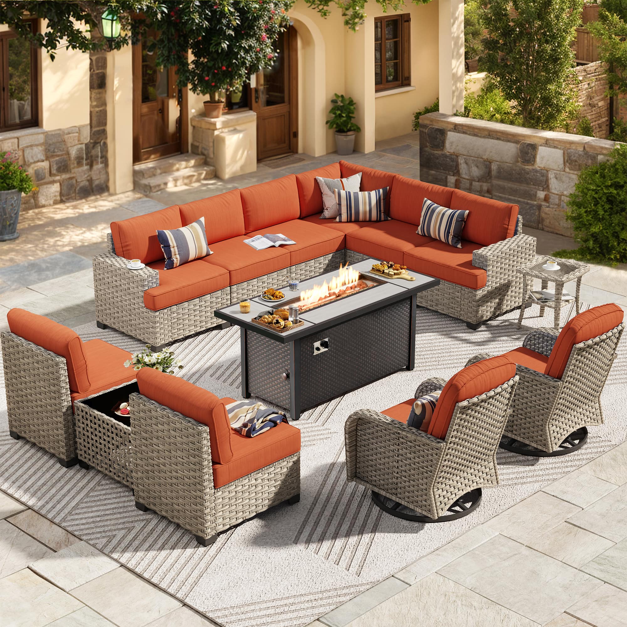 Ovios - 13 PCS Outdoor Patio Furniture Sectional Sofa Set with Swivel Chairs & 54“ Fire Pit Table - Orange Red