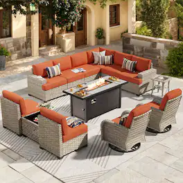 Ovios - 13 PCS Outdoor Patio Furniture Sectional Sofa Set with Swivel Chairs & 54“ Fire Pit Table - Orange Red
