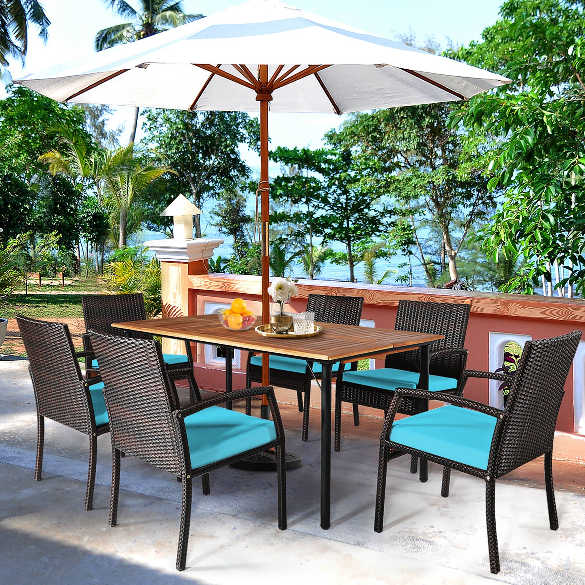 Alt View 5. Gymax - Gymax 7PCS Patio Dining Furniture Set Yard w/ Wooden Tabletop Turquoise Cushions - Turquoise.