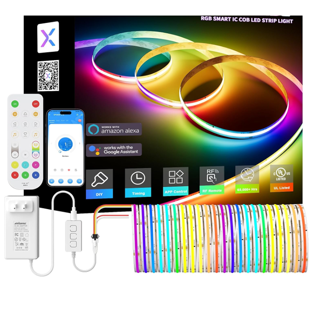 RGB SMART IC COB LED STRIP LIGHT

- Works with Amazon Alexa
- Works with Google Assistant
- DIY
- Timing
- APP Control
- RF Remote
- 65,000+ Hrs
- UL Listed
- US Listed

Features:
- RGB Smart IC COB LED Strip Light
- RF Remote Control
- DIY Timing APP Control
- UL Listed
- 65,000+ Hours
- Works with Amazon Alexa
- Works with Google Assistant