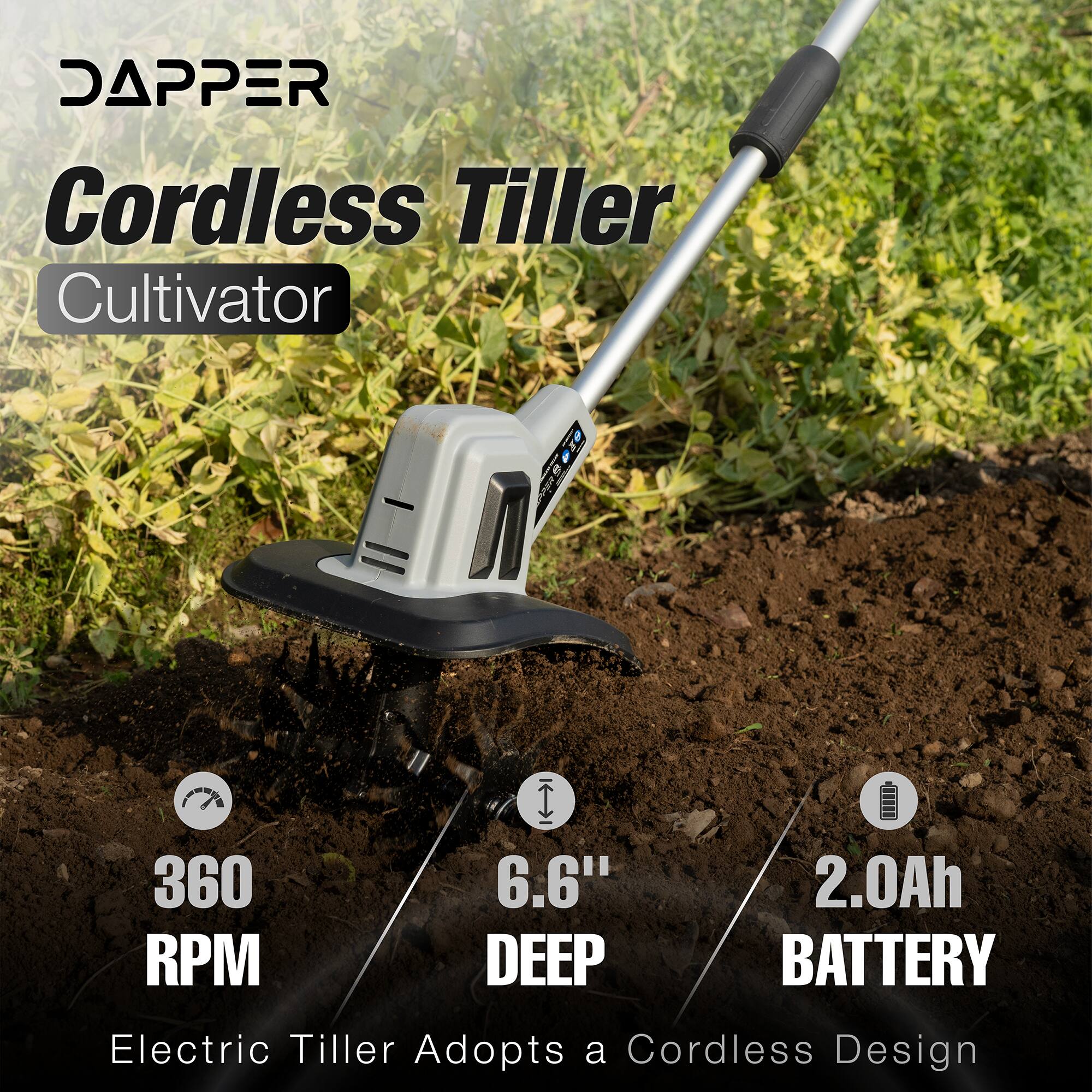 DAPPER Cordless Tiller Cultivator - a 360 6.6" 2.0Ah RPM DEEP BATTERY Electric Tiller Adopts a Cordless Design