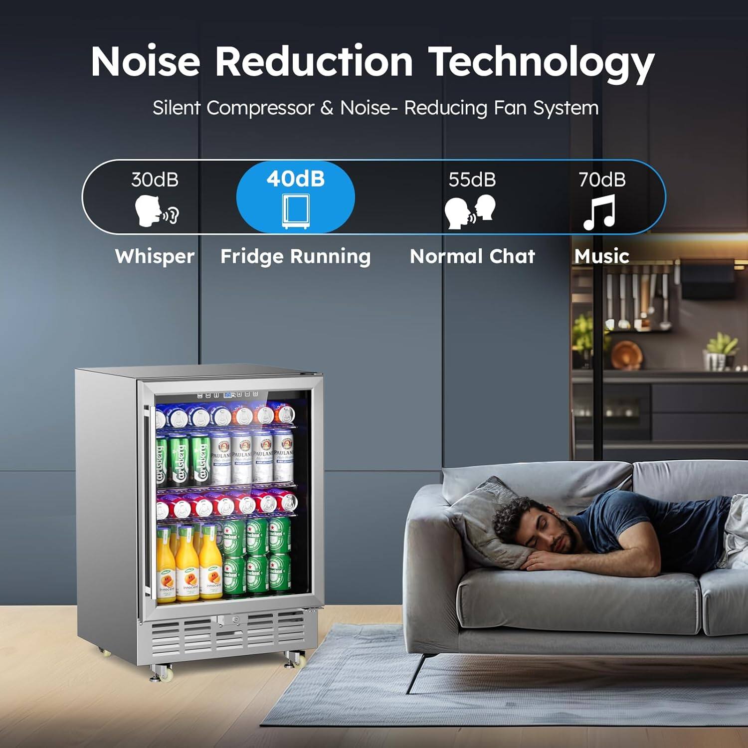 Noise Reduction Technology  
Silent Compressor & Noise-Reducing Fan System  

30dB - Whisper  
40dB - Fridge Running  
55dB - Normal Chat  
70dB - Music