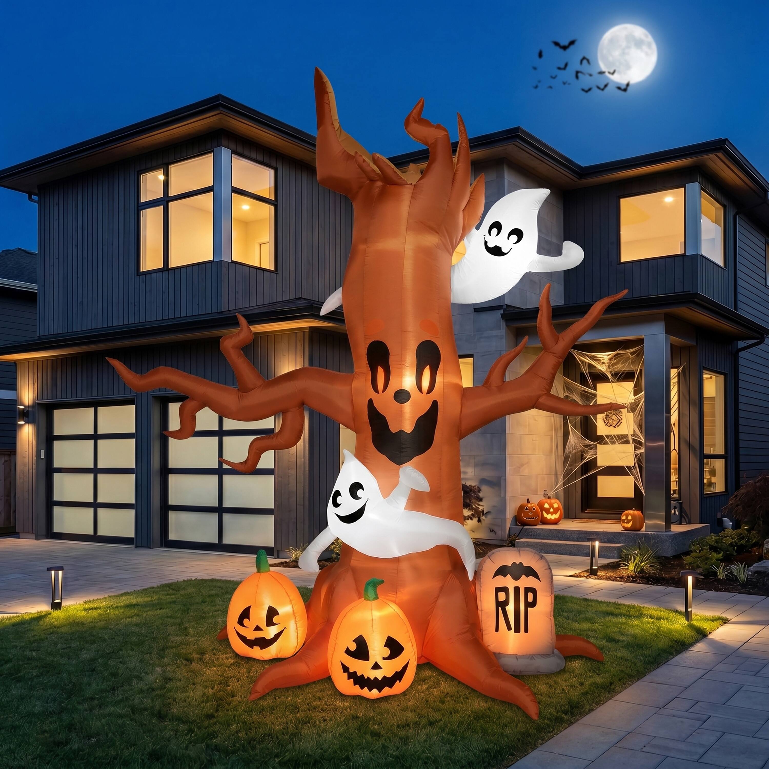 Alt View 2. Joyfy - 8FT Scary Tree Inflatable Halloween – Ghost, Pumpkin & Tombstone with Built-in LEDs for Yard, Garden & Lawn Displays - Brown.