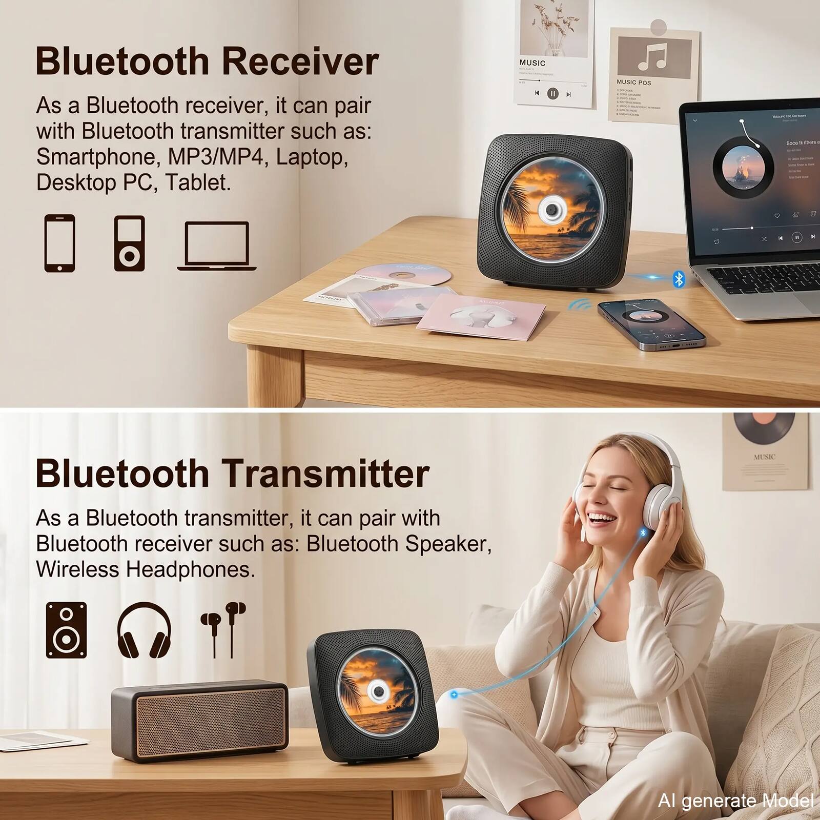 Bluetooth Receiver  
As a Bluetooth receiver, it can pair with Bluetooth transmitter such as: Smartphone, MP3/MP4, Laptop, Desktop PC, Tablet.

Bluetooth Transmitter  
As a Bluetooth transmitter, it can pair with Bluetooth receiver such as: Bluetooth Speaker, Wireless Headphones.