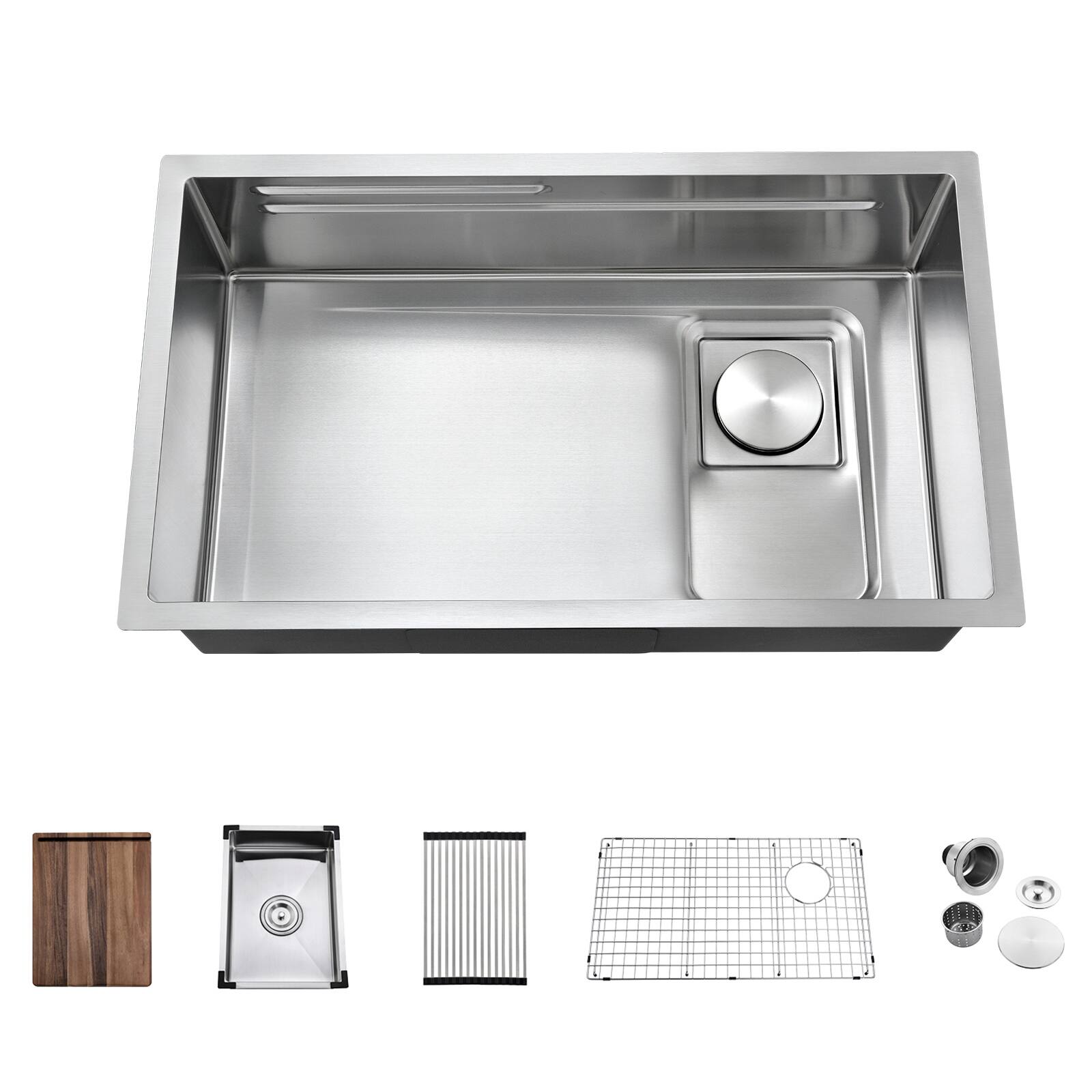 Alt View 10. Akicon - Akicon 30 in. Undermount Workstation Single Bowl 18-Gauge Stainless Steel Kitchen Sink with Grid, Board and Accessories - Silver.