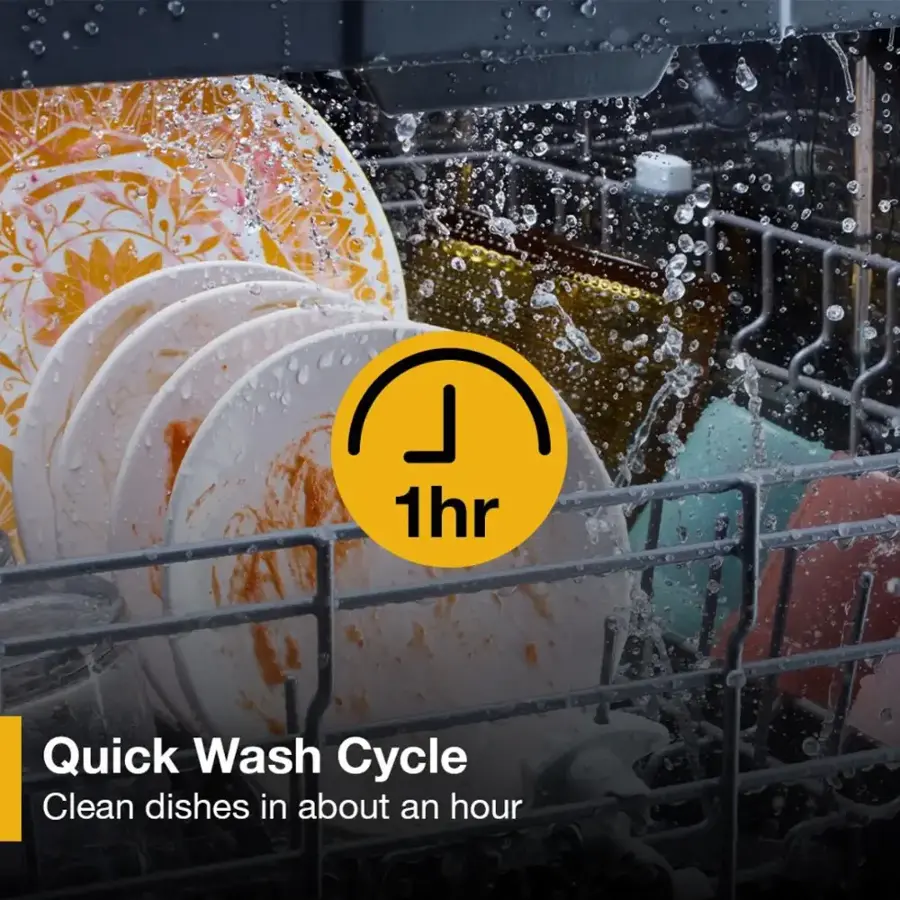 The text on the image reads: "Quick Wash Cycle Clean dishes in about an hour."