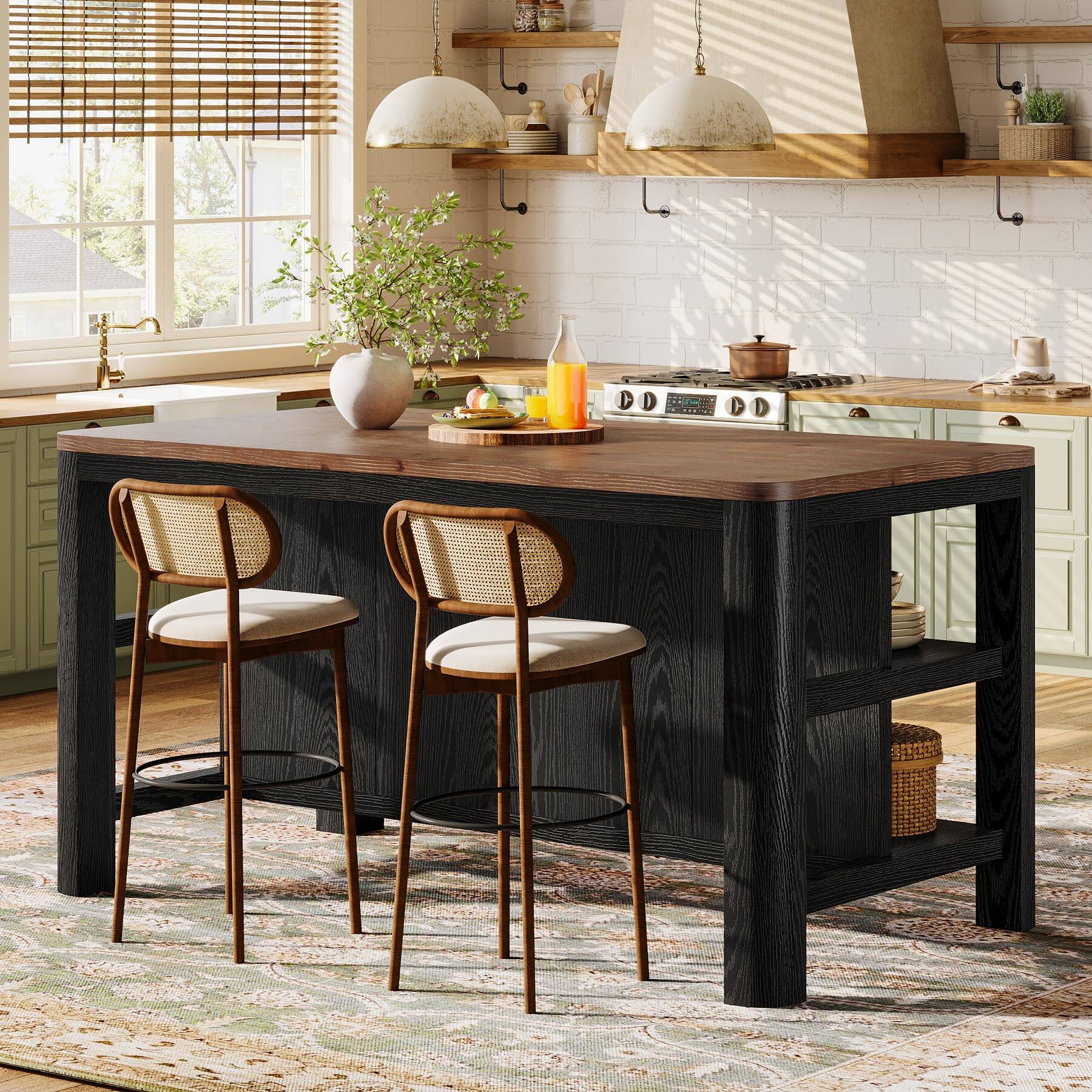 Angle. Tribesigns - 63" Solid Wood Kitchen Island with Storage Shelves, Black - Black and Brown.